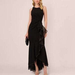 $229 NWT Adrianna Papell Black Crepe Gown Dress Draped Organza Ruffle Size 4